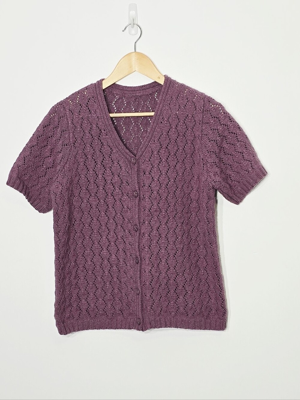 Purple Handcrafted Knitted Cotton Cardigan Detailed Buttons Handmade